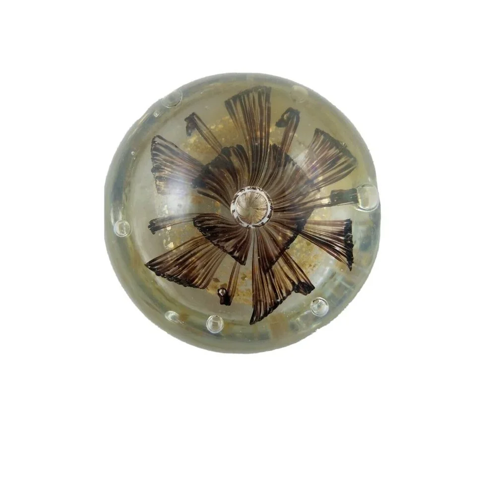 Oval Shaped Paperweight Clear Glass Flower Bubbles Brown Gold Jellyfish Mushroom